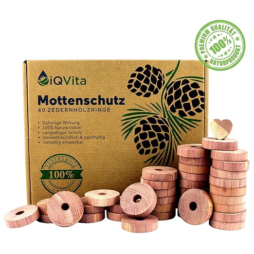 Natürlicher Mottenschutz aus Zedernholz – 40 Mottenringe – 100% Naturprodukt – Hervorragende Mottenabwehr für Kleiderschrank 