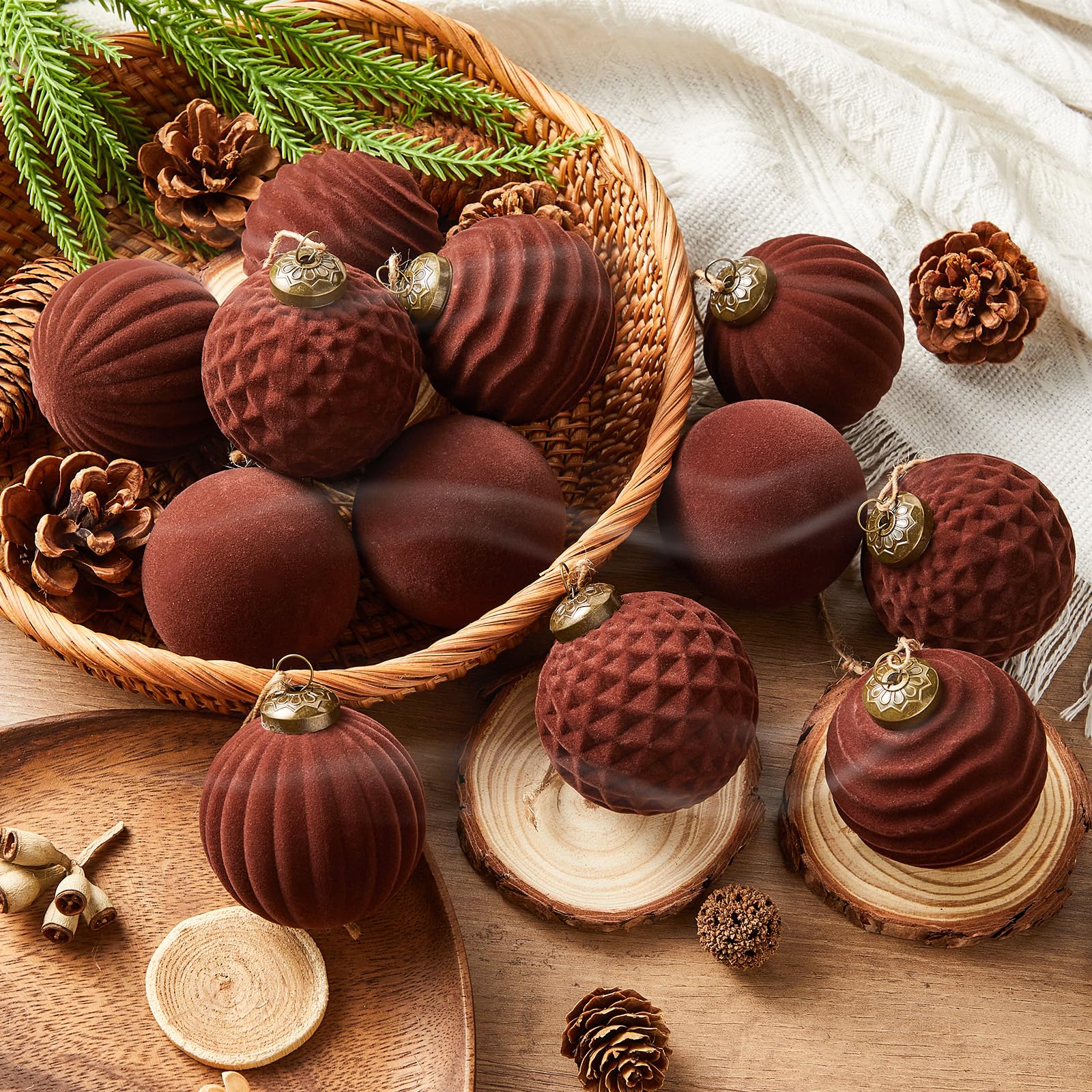 Photo 1 of 12 Pcs Light Scented Velvet Christmas Balls Bulk Winter Fir Scent Flocked Christmas Tree Ball Ornaments Hanging Baubles for Xmas Holiday Home Gift Yard Decor (Dark Brown 2.36 Inch)