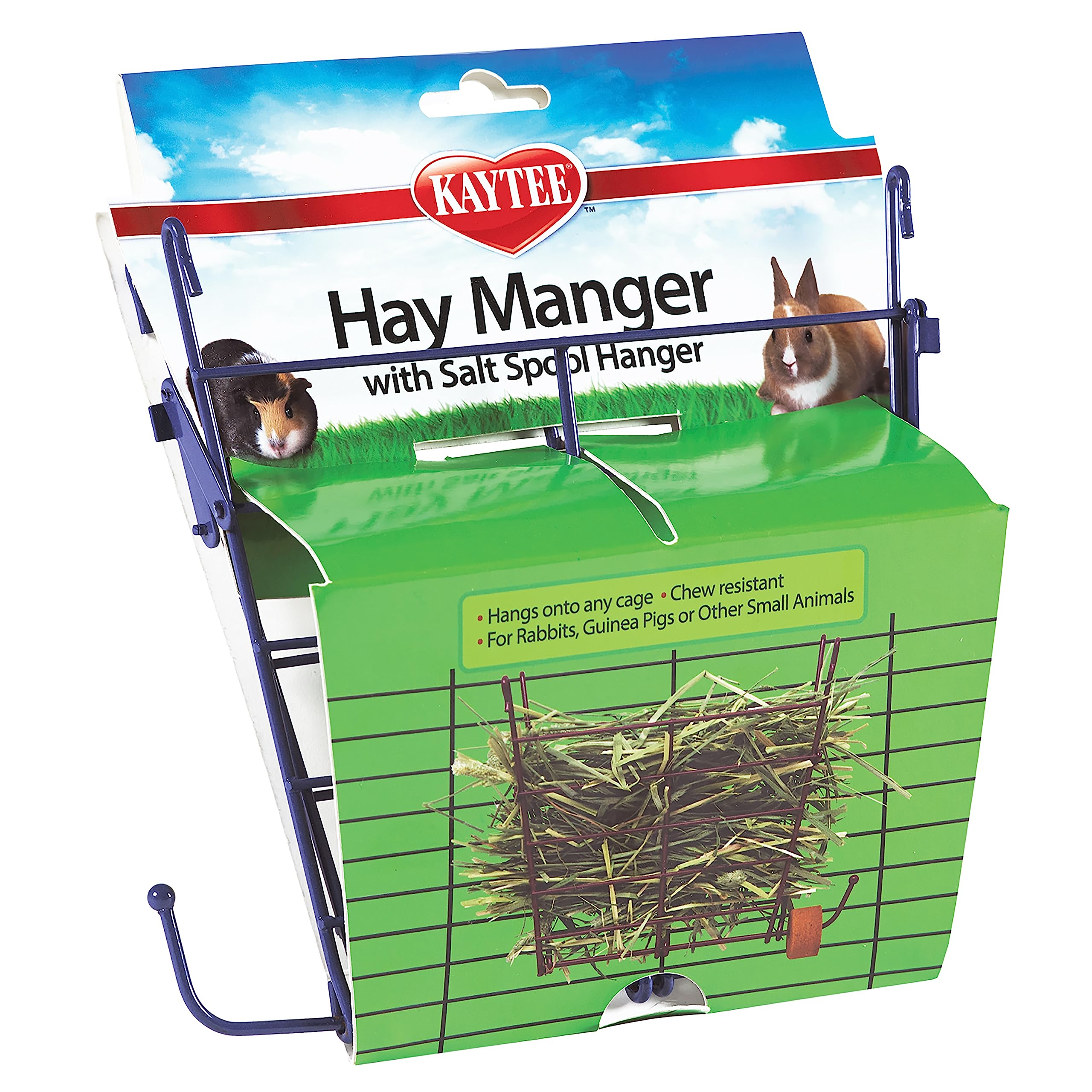 Kaytee Chew Resistant Hay Manger with Salt Spool Hanger, Hangs on Cage, for Rabbits, Gunea Pigs, Chinchillas, (Colours May Vary)