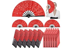 Vercraft 24 Pcs 10 Inch Large Glitter Rave Fan Bulk, Clacking Fans for Line Dancing Make Loud Sound Boots on The Ground Fan with Organza Bag for Christmas EDM Club Dancing(Red)