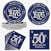 algpty 60 PCS Vintage 50th Birthday Plates and Napkins Set, 50th Birthday Decorations Blue and Silver, Service for 30, 1976 Birthday Dessert Plates and Napkins Party Supplies for Men Women