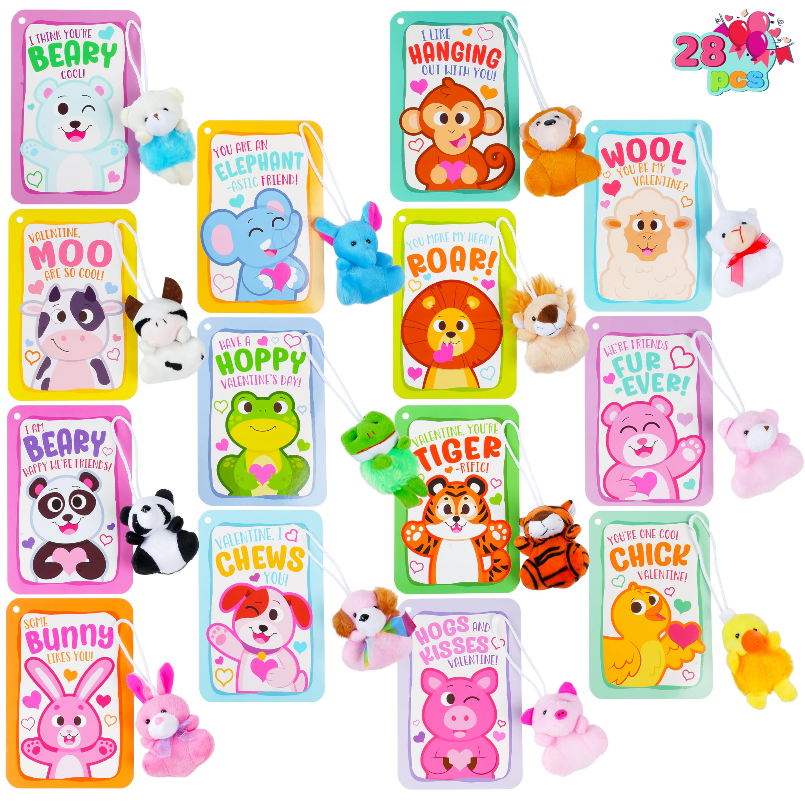 Photo 1 of JOYIN 28 Pack Valentines Day Mini Plush Toys with Gift Cards, Mini Animal Plush Toys for Valentines Day Gifts, Classroom Exchange Cards and Valentines Party Favor