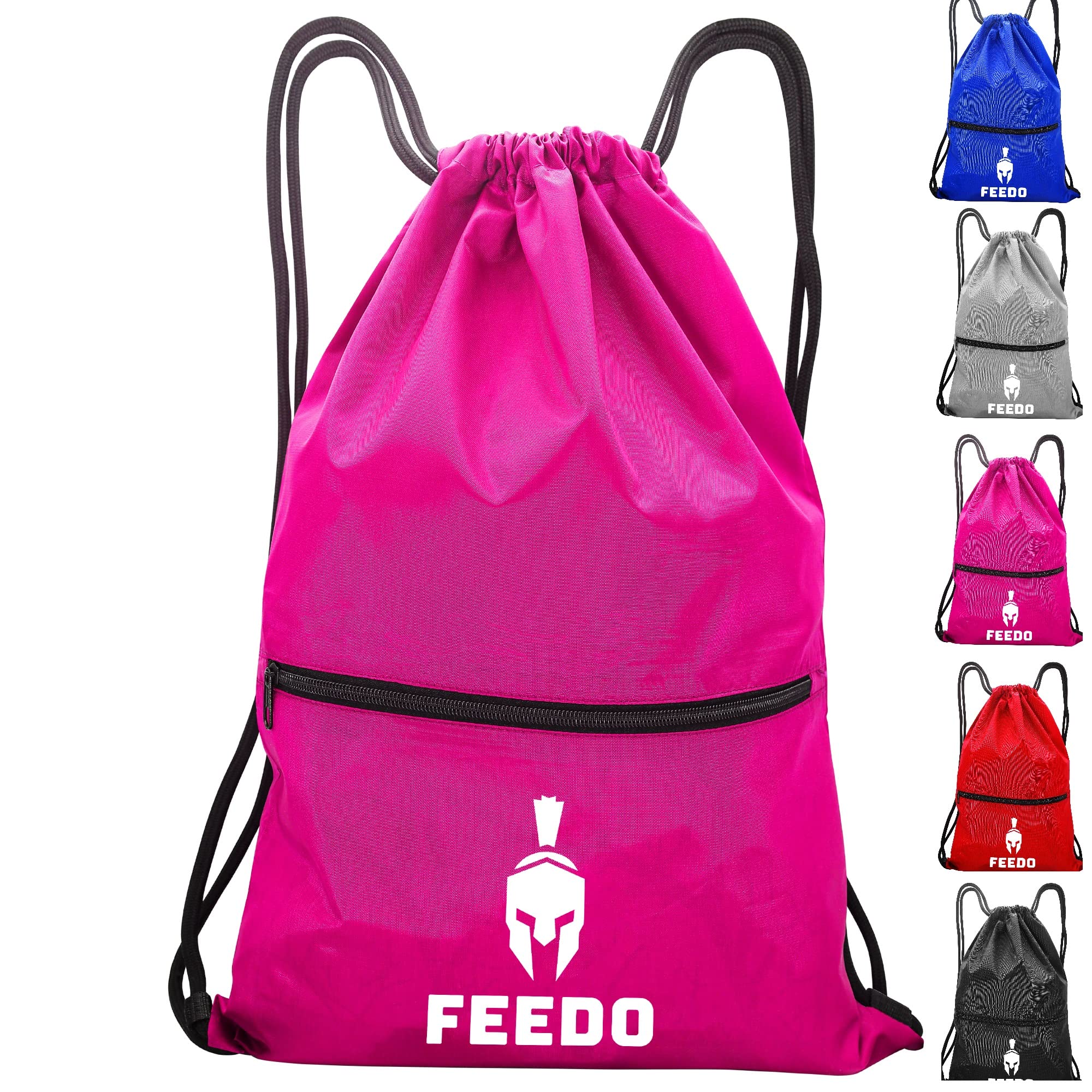 Feedo Drawstring Gym Bag Waterproof with zip pocket Large Sports Backpack String Swim Sack Nylong Bags Travel Beach School Personalised for Mens Womens Kids Boys Girls Adults Children Ladies
