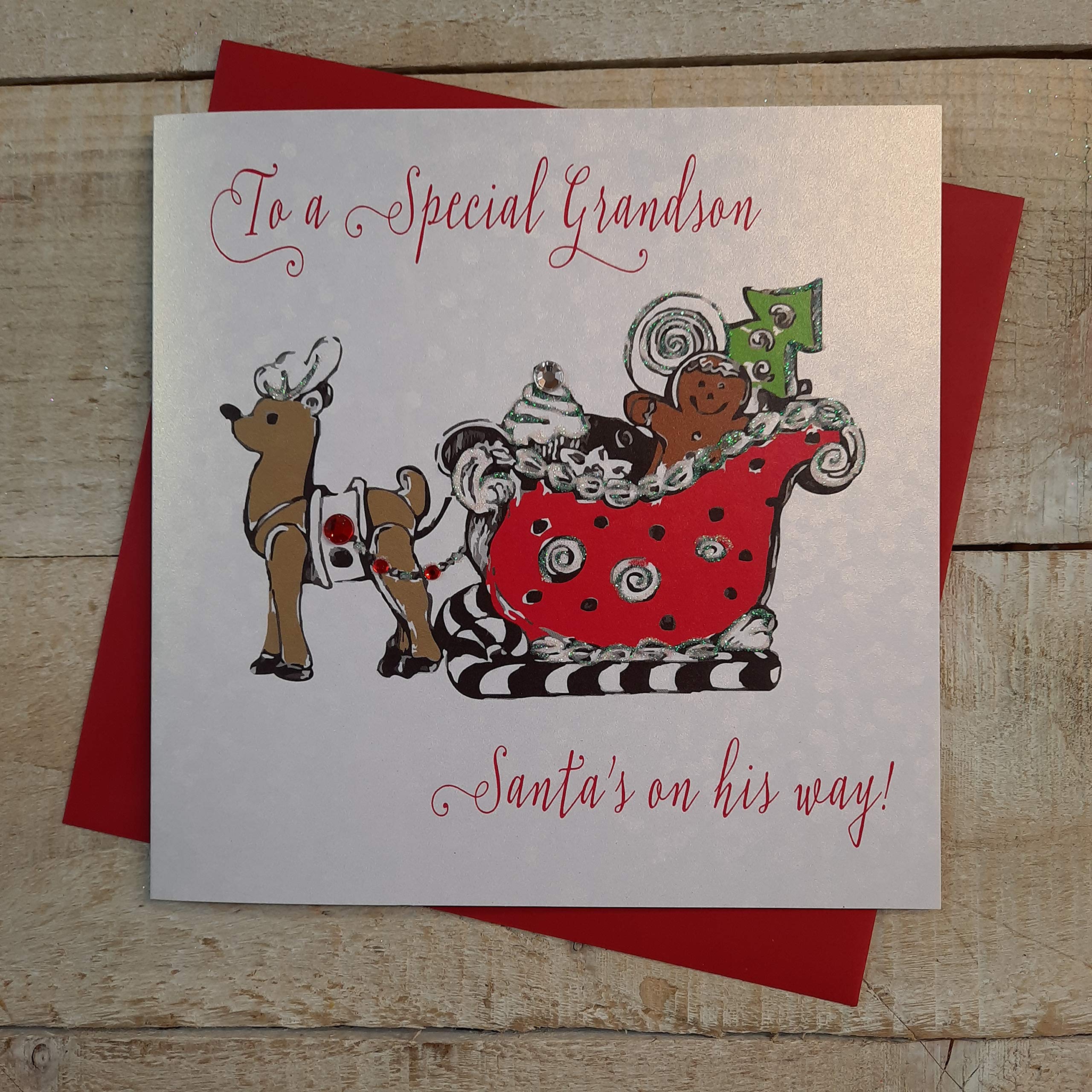 white cotton cards "To a Special Grandson Santa's On His Way! Santa's Sleigh Handmade Card (EX302)
