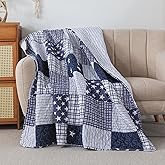 SLPR Americana Pride 50" x 60" Quilted Throw Blanket, Lightweight Patriotic Throw Quilt for Couch and Bed, Blue and White Lightweight Lap Quilt with Star and Plaid Pattern