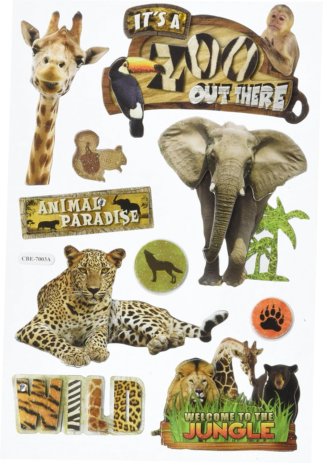 Multicraft Imports MultiCraft Chipboard Glitter Stickers-It's A Zoo Out There, Other, Multicoloured, Multicolor, 0.38x13.97x25.4 cm