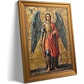 Gold framed Archangel Michael Canvas Wall Art Retro framed Christian Christianity Painting Picture Wall Decor Catholic Saints Poster Print Artwork for Prayer Room Church Home Decoration 12inx16in