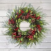 24 Inch Christmas Wreath with Red Berries, Pinecones and Greenery – Artificial Holiday Front Door Cedar Wreath for Farmhouse, Winter Indoor Outdoor Xmas Home Décor