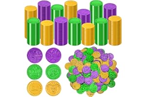 FULLIVE 200 PCS Mardi Gras Decorations, 1.4 in Purple Gold Green Fake Coins, Crown Masks Pattern Mardi Gras Gold Coins Plastic Coins Leprechaun Gold Coins, Mardi Gras Table Decorations Costume Accessories