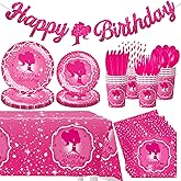 162PCS Hot Pink Happy Birthday Party Supplies Set, Paper Plates, Cups, Napkins, Utensils, Tablecloth, Serves 20