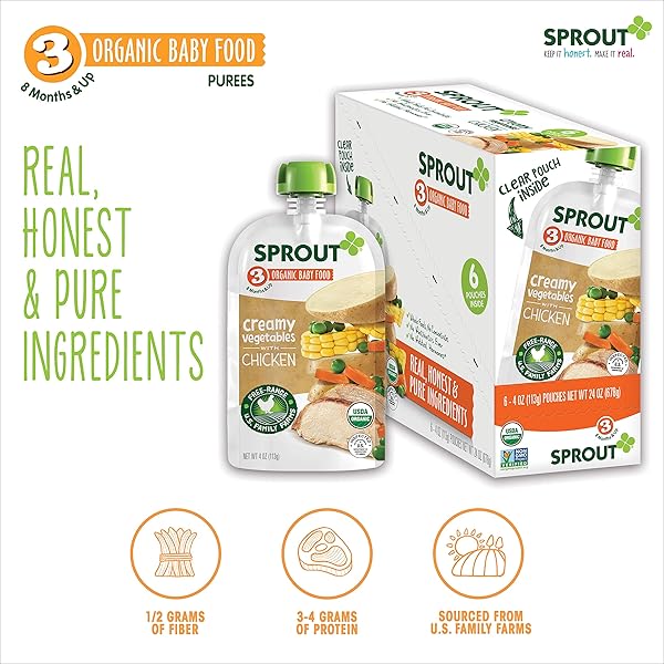 SPROUT ORGANIC BABY FOOD POUCHES STAGE 3, CREAMY VEGETABLES W/ CHICKEN, 4 POUCHES (PACK OF 6) CREAMY VEGETABLES WITH CHICKEN 24 OUNCE