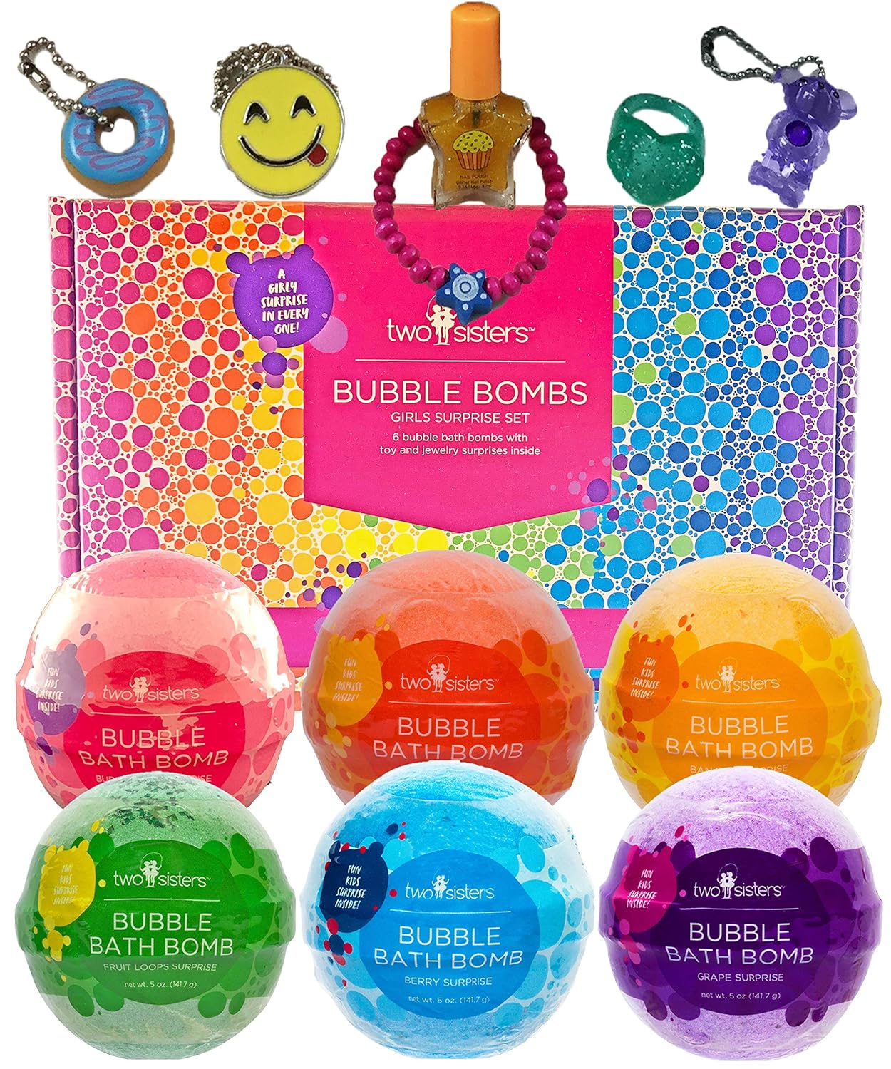 Bubble Bath Bombs for Girls with Surprise Toys and Kids Jewelry Inside by Two Sisters Spa. 6 Large 99% Natural Fizzies in Gift Box. Moisturizes Dry Sensitive Skin. Releases Color, Scent, and Bubbles.