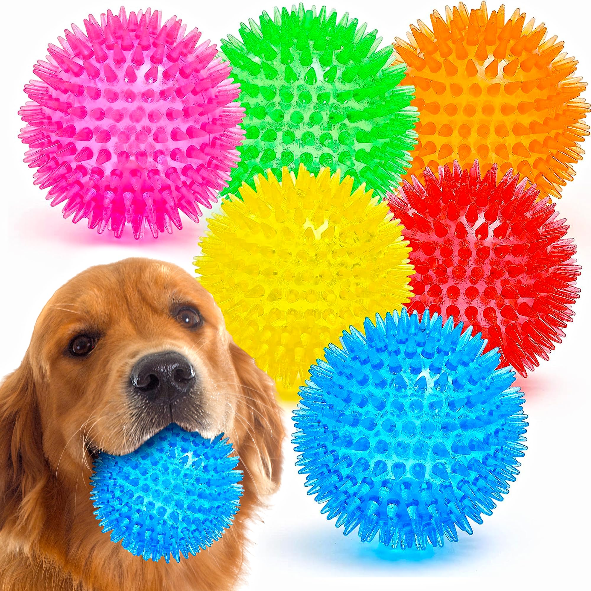 Ousiya Squeaky Dog Balls - 6 Pack Spiky Balls with Squeakers, for Small to Large Dogs - Teething, Training & Boredom Relief (9cm-6 Packs)