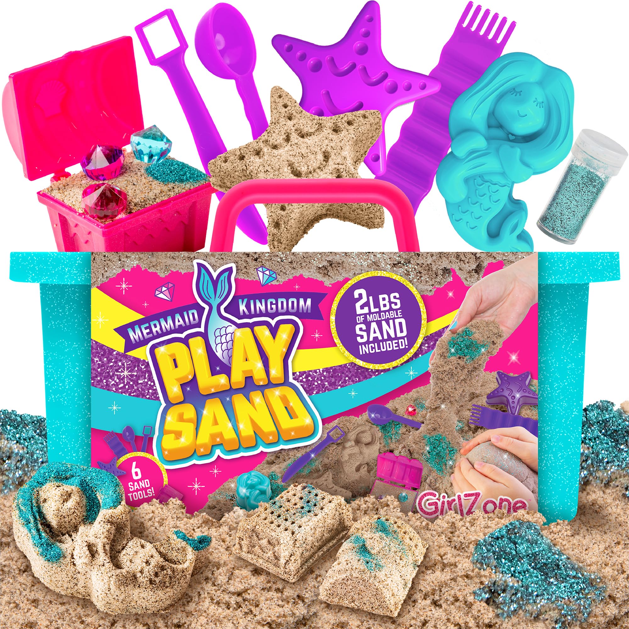 GirlZone Mermaid Treasures Play Sand Kit, 2lbs of Magic Sand for Kids Kit with Gems, Carry Case, and More, Fun Toy for Playdates and Great Gift Idea
