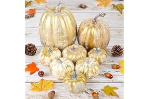 ERWEICET Pumpkin Decor 8pcs Gold Artificia Pumpkin Fall Decorations for Home Plastic Pumpkins for Decorating Fake Faux Artificial Pumpkins for Halloween Autumn Harvest Festival Home Table Decor