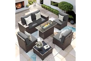 VONZOY Patio Furniture Set with Fire Pit Table, 7 Piece Outdoor Sectional Conversation Sets Wicker Rattan Sectional Sofa with Coffee Table for Patio Garden Backyard, 4'' Thickened Cushion Dark Grey