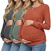 Oakgarden 3 Pack Women's Maternity Shirts Ribbed Long Sleeve Tops Pregnancy Sweaters Crew Neck Knit Side Ruched Tunic Tees