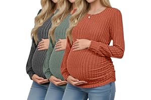 Oakgarden 3 Pack Women's Maternity Shirts Ribbed Long Sleeve Tops Pregnancy Sweaters Crew Neck Knit Side Ruched Tunic Tees