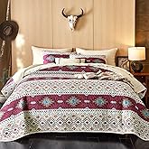 Wake In Cloud - Western Quilt Set, Southwestern Aztec Country Style with Rustic Ranch Vibe, Reversible Lightweight Bedspread Coverlet, 3 Pieces, Beige Burgundy, Queen/Full Size