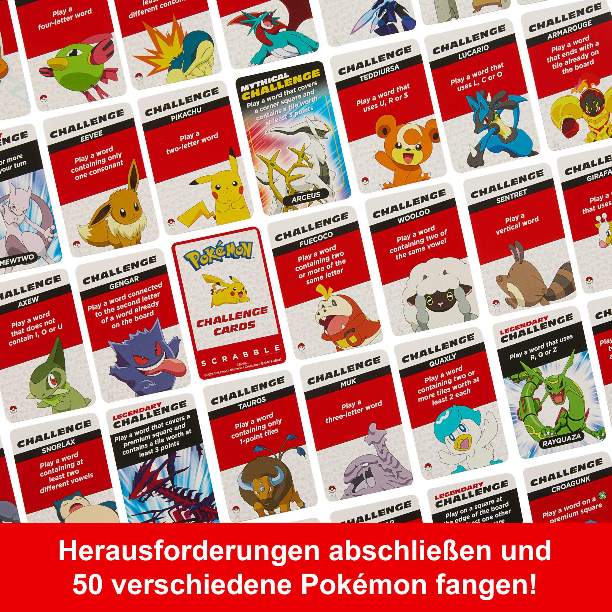 Mattel Games Scrabble Pokémon-Brettspiel, Familienwortspiel mit Zwei Spielmöglichkeiten, enthält 50 Herausforderungskarten mit Pokémon-Charakteren für 24 Spieler, Deutsche Version, HXT28 4