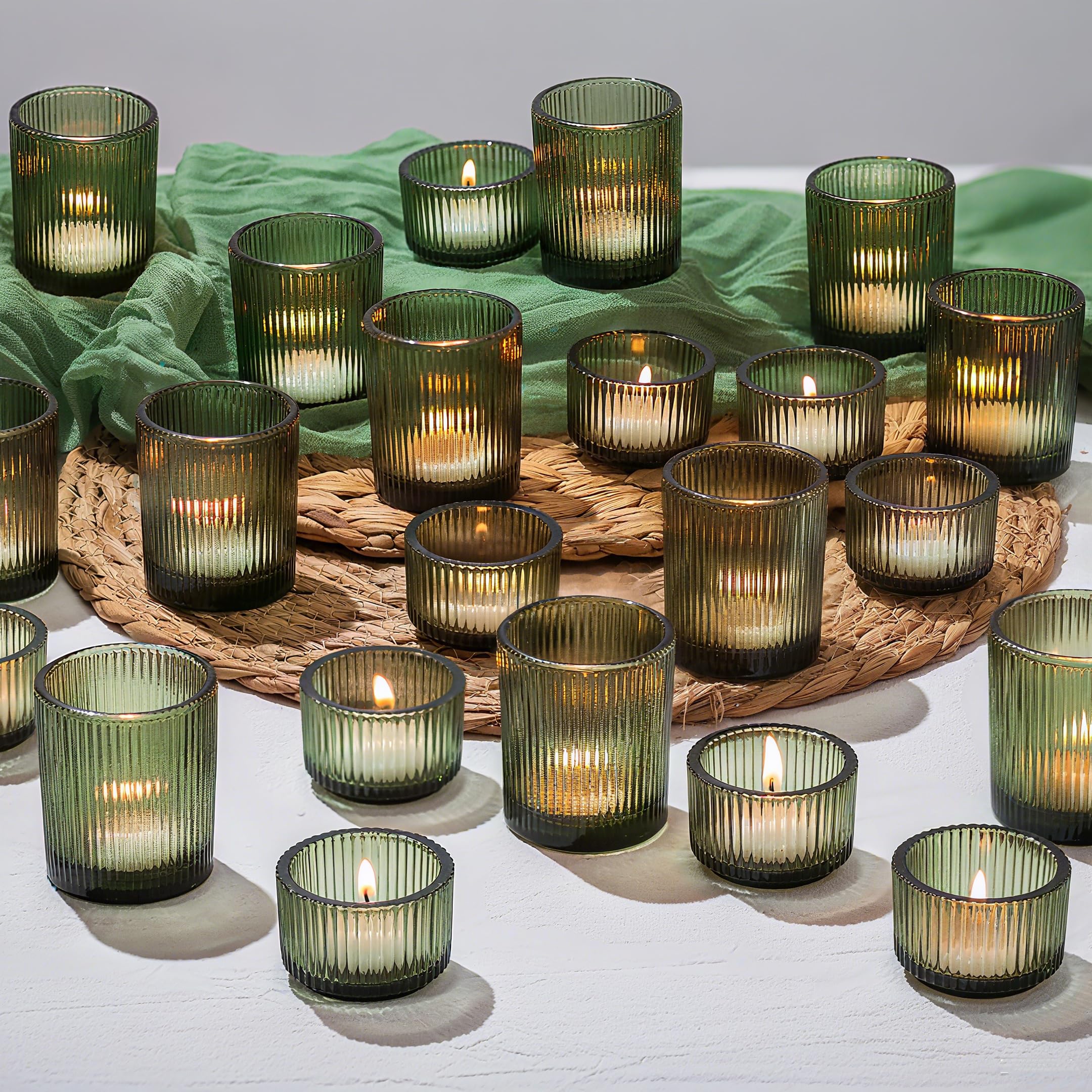 Photo 1 of Glasseam Glass Tealight Candle Holder: 24 PCS Green Ribbed Votive Candle Holders Bulk Small Christmas Tea Lights Holders for Table Centerpiece Wedding Decor