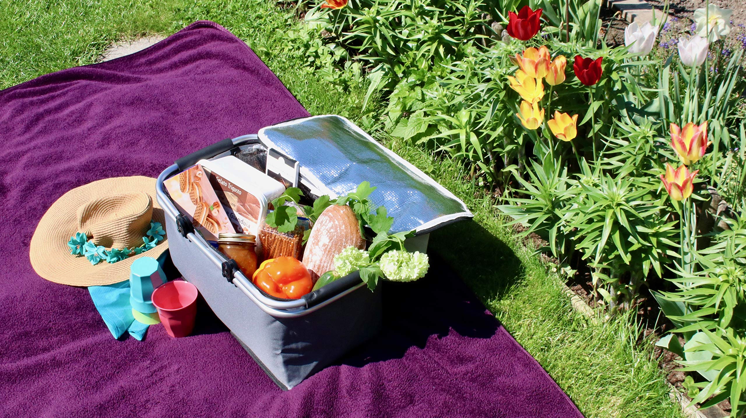 Cesta termica aislada, Plegable y Resistente Porta Alimentos con Asas de Aluminio MY Thermo Basket TO GO, Capacidad 28 litros, para Picnic, Playa, Barbacoa, con pies en la Parte Inferior Color Gris