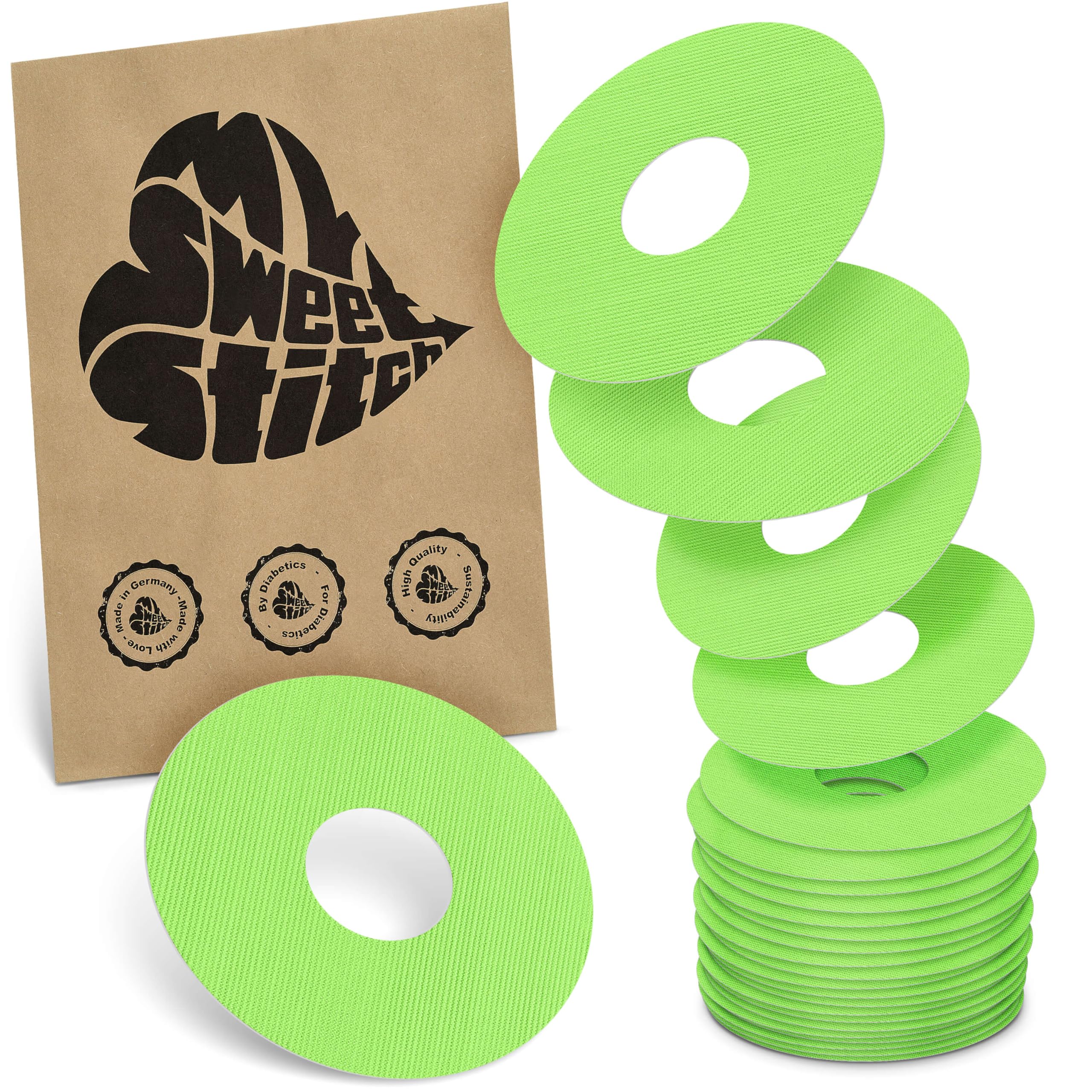 MySweetStitch - 25 x Freestyle Libre 3 Round Patches, Ring Patch Ø 60mm, Inner Ø 20mm, Waterproof, Breathable, Skin-Friendly, Made in Germany, Green