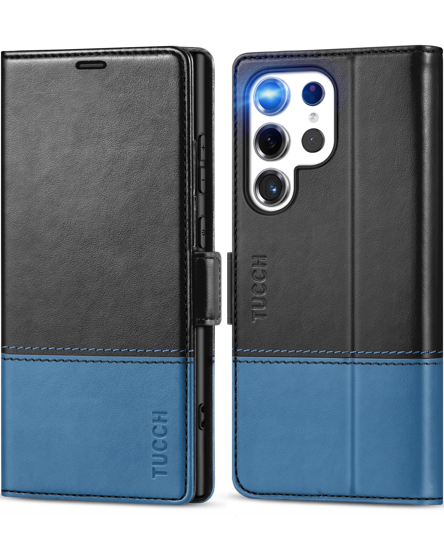 TUCCH Wallet Case for Galaxy S24 Ultra (6.8"), Magnetic PU Leather Protective Flip Case with [Shockproof TPU][RFID Blocking][Credit Card Slots] Compatible with Galaxy S24 Ultra 5G, Black & Light Blue