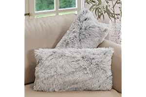 Cheer Collection Throw Pillows for Couch with Inserts Included - Soft Shaggy Long Hair Faux Fur Pillows - Set of 2-12" x 20" - Gray