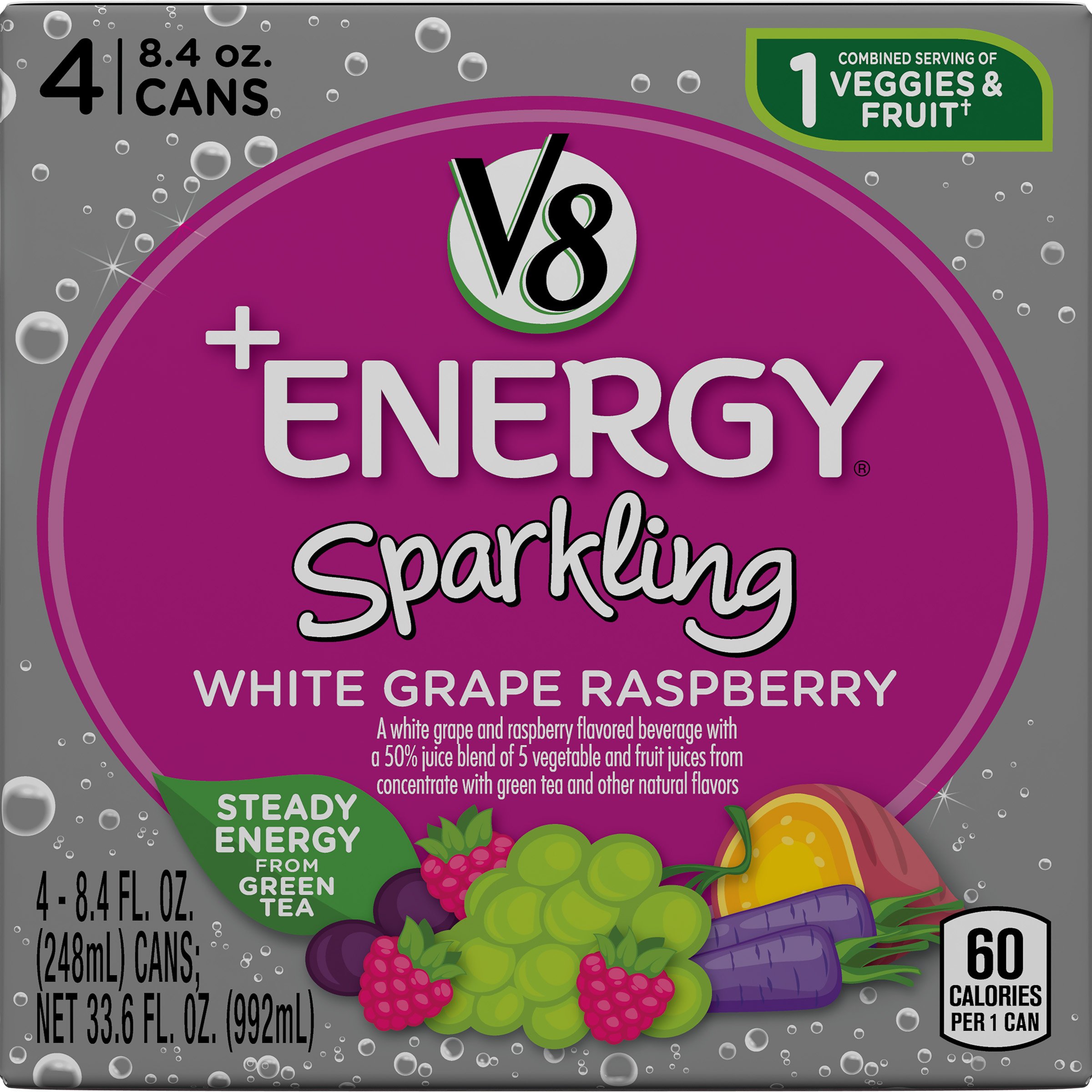 V8 +Energy, Sparkling Juice Drink with Green Tea, Orange Pineapple, 8.4 oz. Can, 4