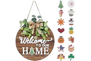 ROSECRAFT Interchangeable Seasonal Welcome Sign Front Door Decoration, Rustic Round Wood Wreaths Wall Hanging Outdoor, Farmhouse, Porch, for Spring Summer Fall All Seasons Holiday Halloween Christmas.
