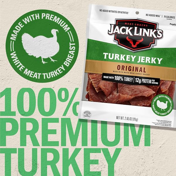 JACK LINK’S TURKEY JERKY, ORIGINAL JERKY BAG – FLAVORFUL SNACK, READY TO EAT PROTEIN SNACK WITH 12G OF PROTEIN AND 80 CALORIES, MADE WITH 100% TURKEY, KETO FRIENDLY, 2.85 OZ.