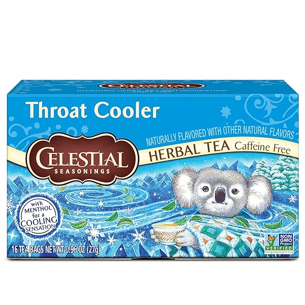 CELESTIAL SEASONINGS THROAT COOLER HERBAL TEA, CAFFEINE FREE, 16 TEA BAGS BOX