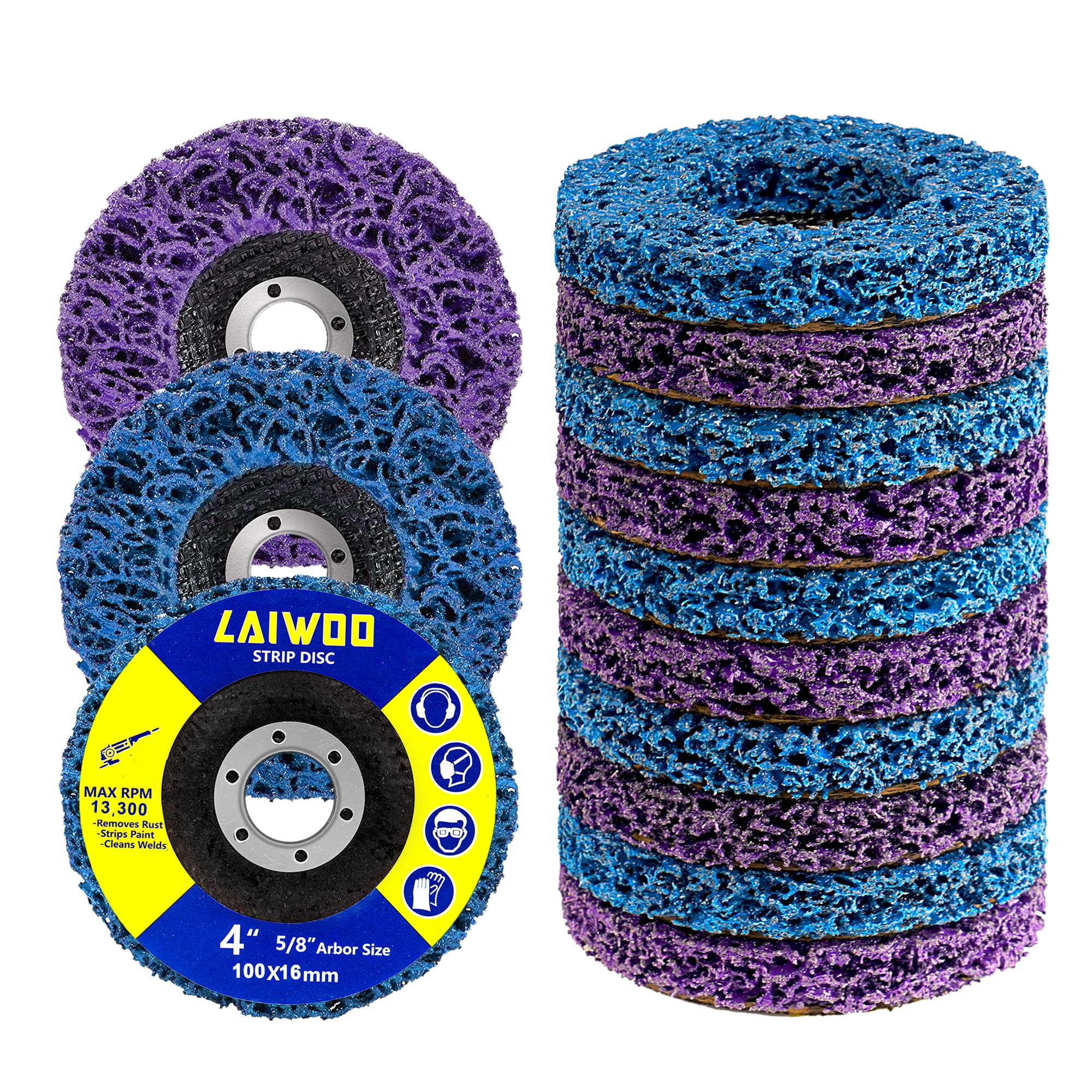 Photo 1 of 10 Pack Strip Disc Wheel for Angle Grinders Stripping Wheel, Paint Stripping Disc, Poly Abrasive Wheel for Metal Rust Welds, Oxidation, Paint Remover (4'' x 5/8''-Purple+Blue)