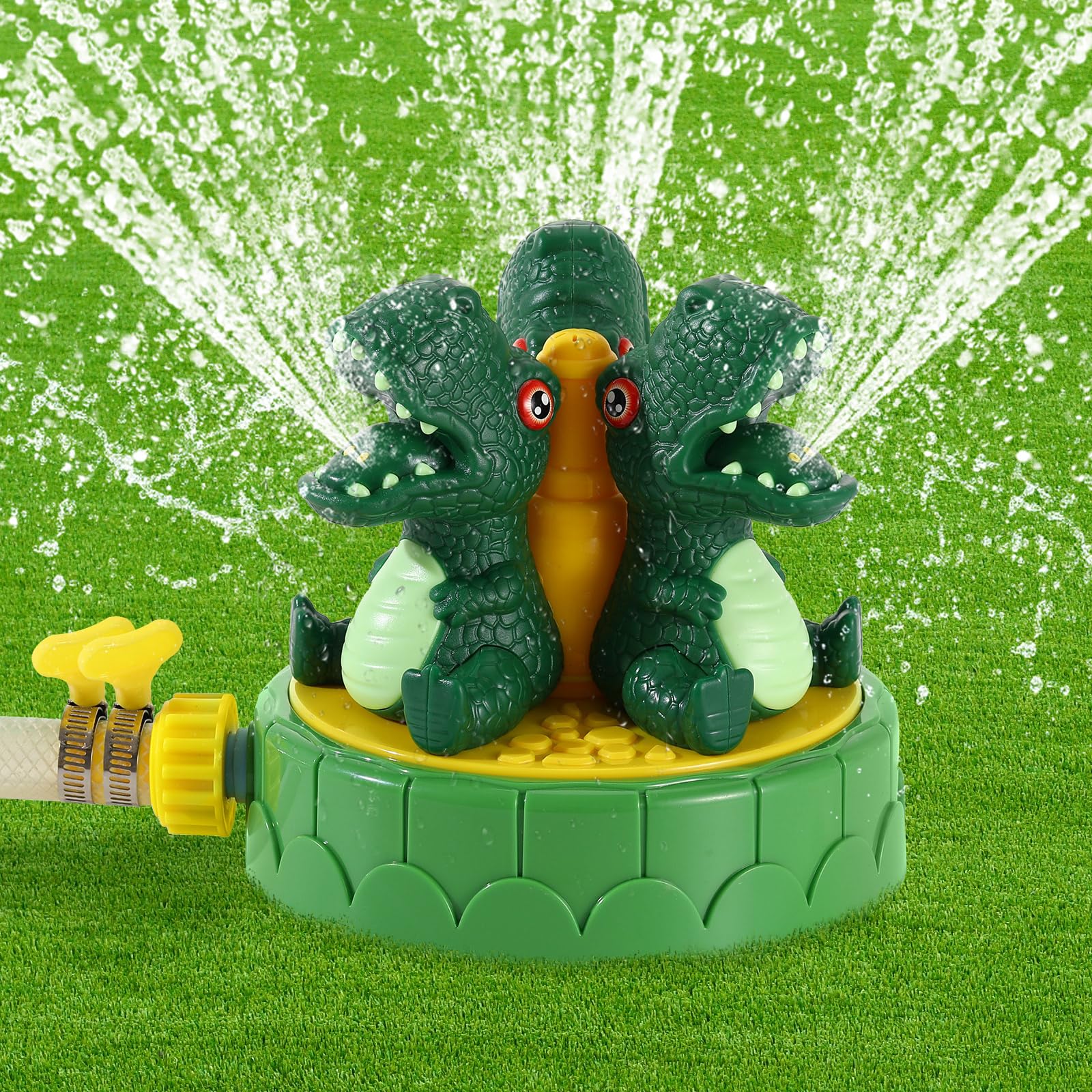 MoKo Dinosaur Sprinkler for Kids-Cute Outdoor Water Toy Spray Swimming Pool Toy with 2 Hose Clamps 3 Nozzles Fun Summer Play Water Toys for Backyard Lawn Garden Game Activities Pet Boys Girls, Green — image 1