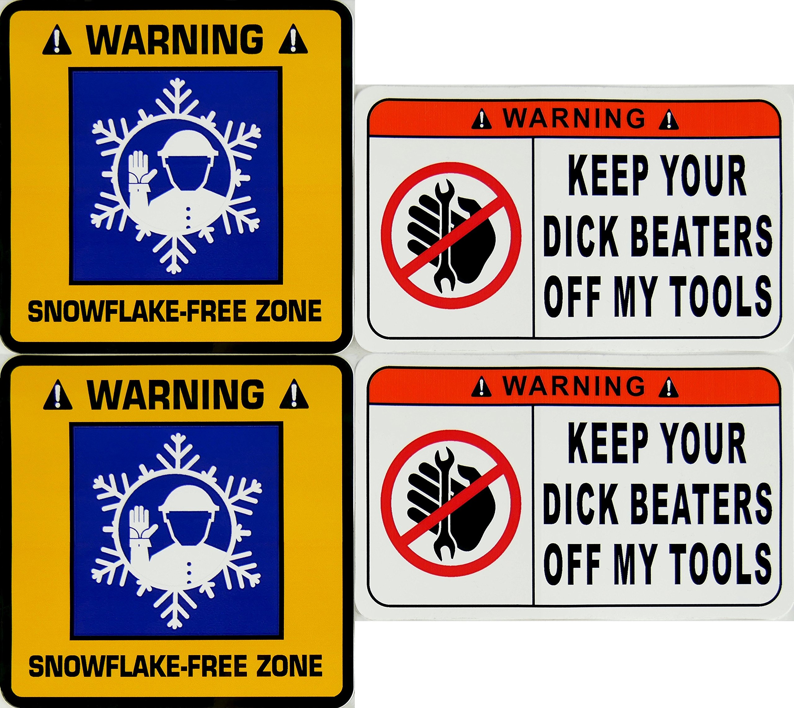 FOUR Pack (2) Warning Snowflake Free Zone (2) Keep Your Dick Beaters Off My Tools STICKERS/Decals 4 inch square and 3 inch x 5 inch Toolbox Hardhat Value Pack Stickers by STKR Commander
