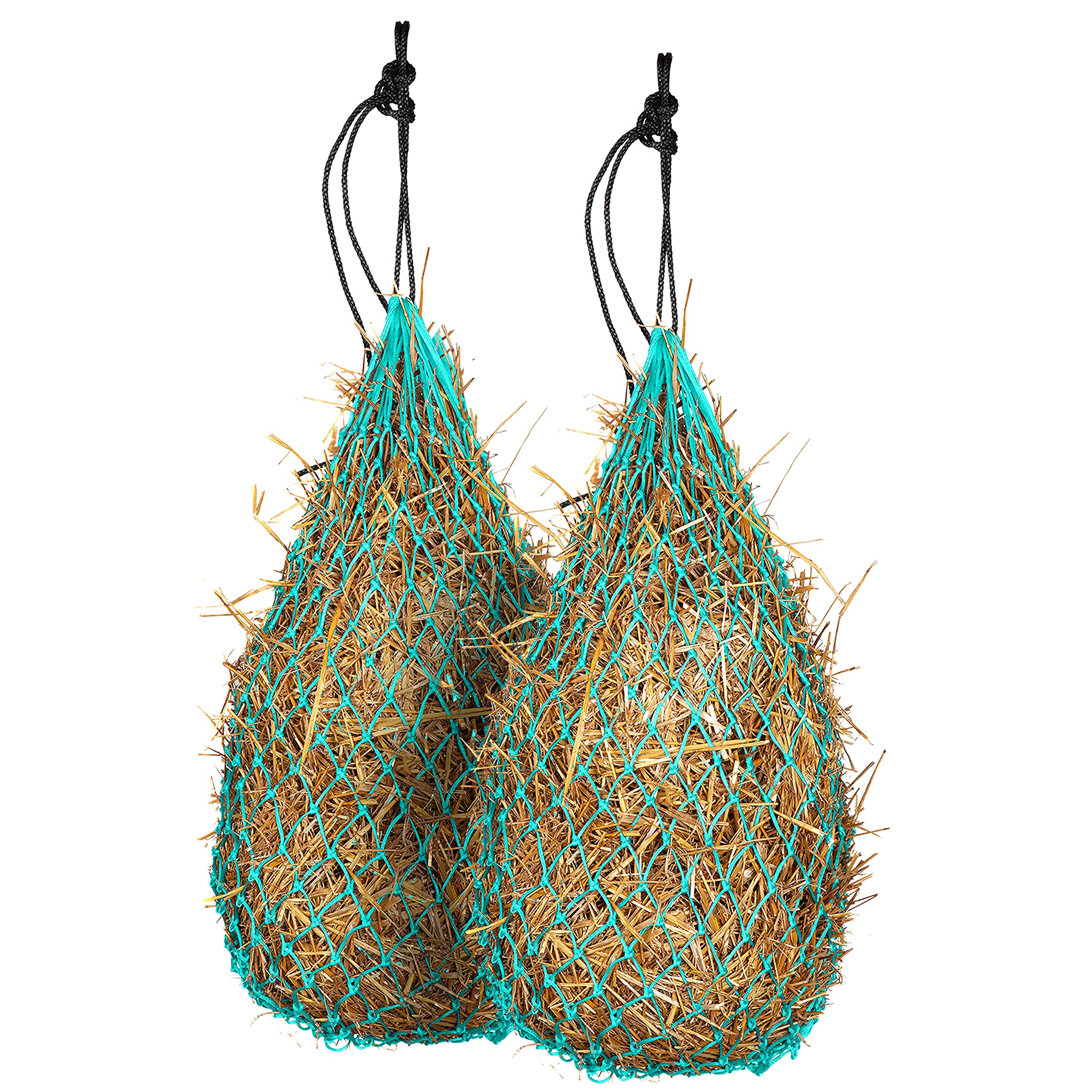Majestic Ally 2 pcs Slow Feed 42” Hay Net for Horses, Strong Small 2x2” Holes, Nylon Rope Hanging, Adjustable Travel Feeder for Trailer and Stall, Simulates Grazing, Reduce Waste (Turquoise)