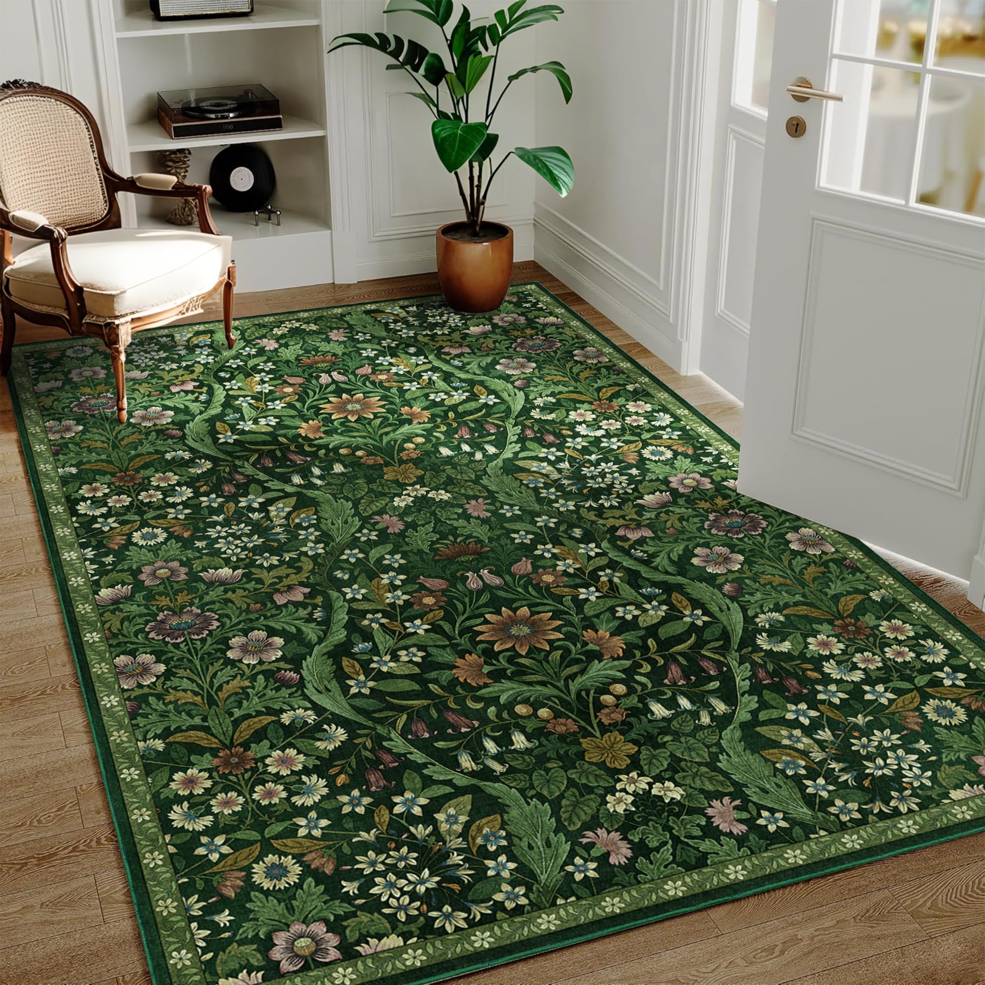 Photo 1 of 4x6 Dark Green Floral Boho Area Rug,Low-Pile Stain Resistant Non-Slip Machine Washable Carpet for Living Room,Bedroom, Kitchen,Entryway,Dining Room, Nursery