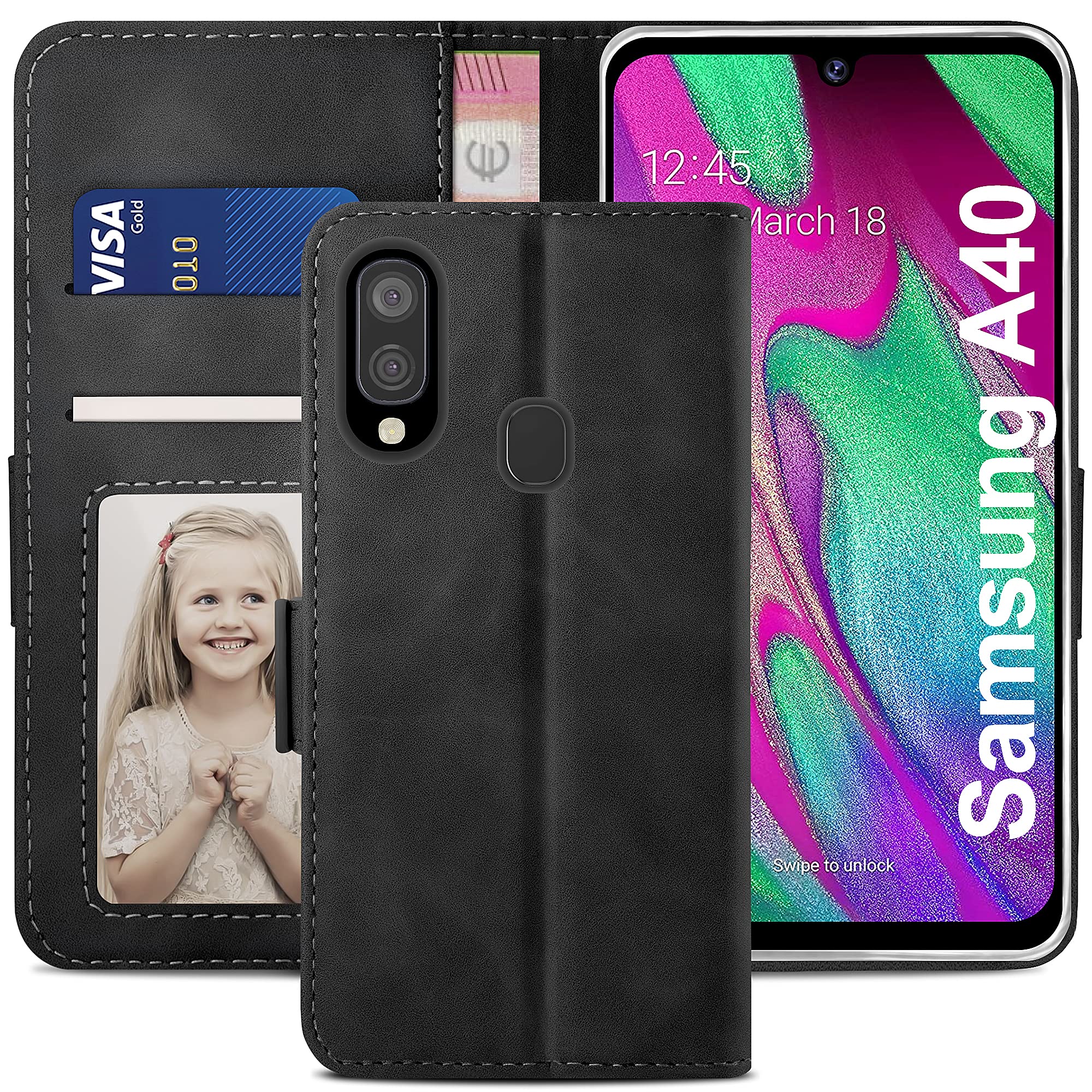 YATWIN Compatible with Samsung Galaxy A40 Case, Flip Wallet Leather Case with Card Slot and Shockproof Function Kickstand Phone Cases Cover for Samsung A40 - Black