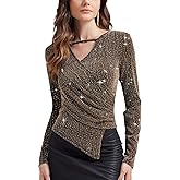 PEIQI Women's Rhinestone Top Long Sleeve Shimmer Glitter Sparkly Blouse for Cocktail Party Evening Shirts