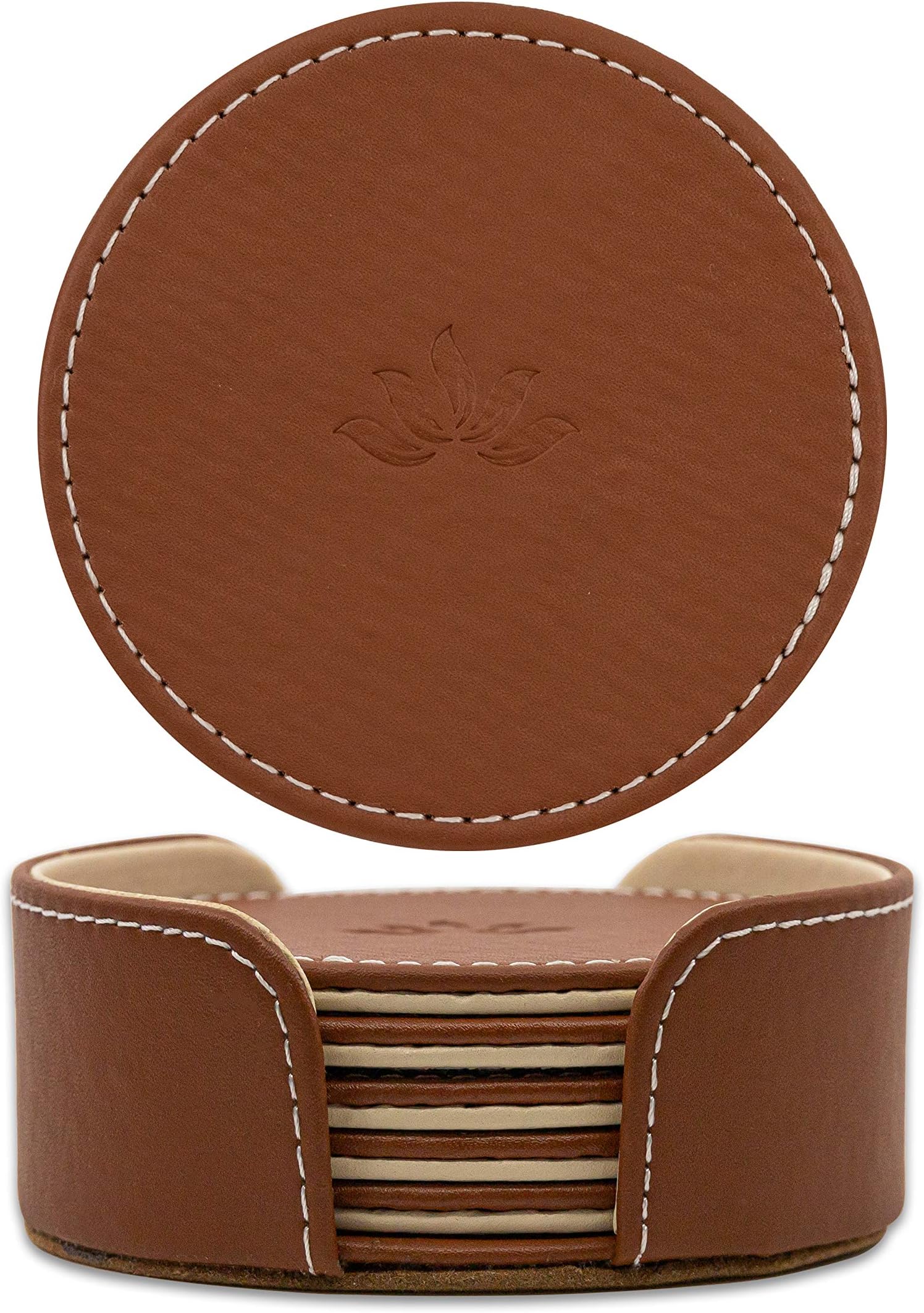 Coasters for Drinks Easy Pick up Design Patented Holder by Homeze – Set of 6 Leather Dual Faceted Coaster Reversible Non Slip Heat Resistant for Indoor and Outdoor Kitchen with Gift Box Light Brown