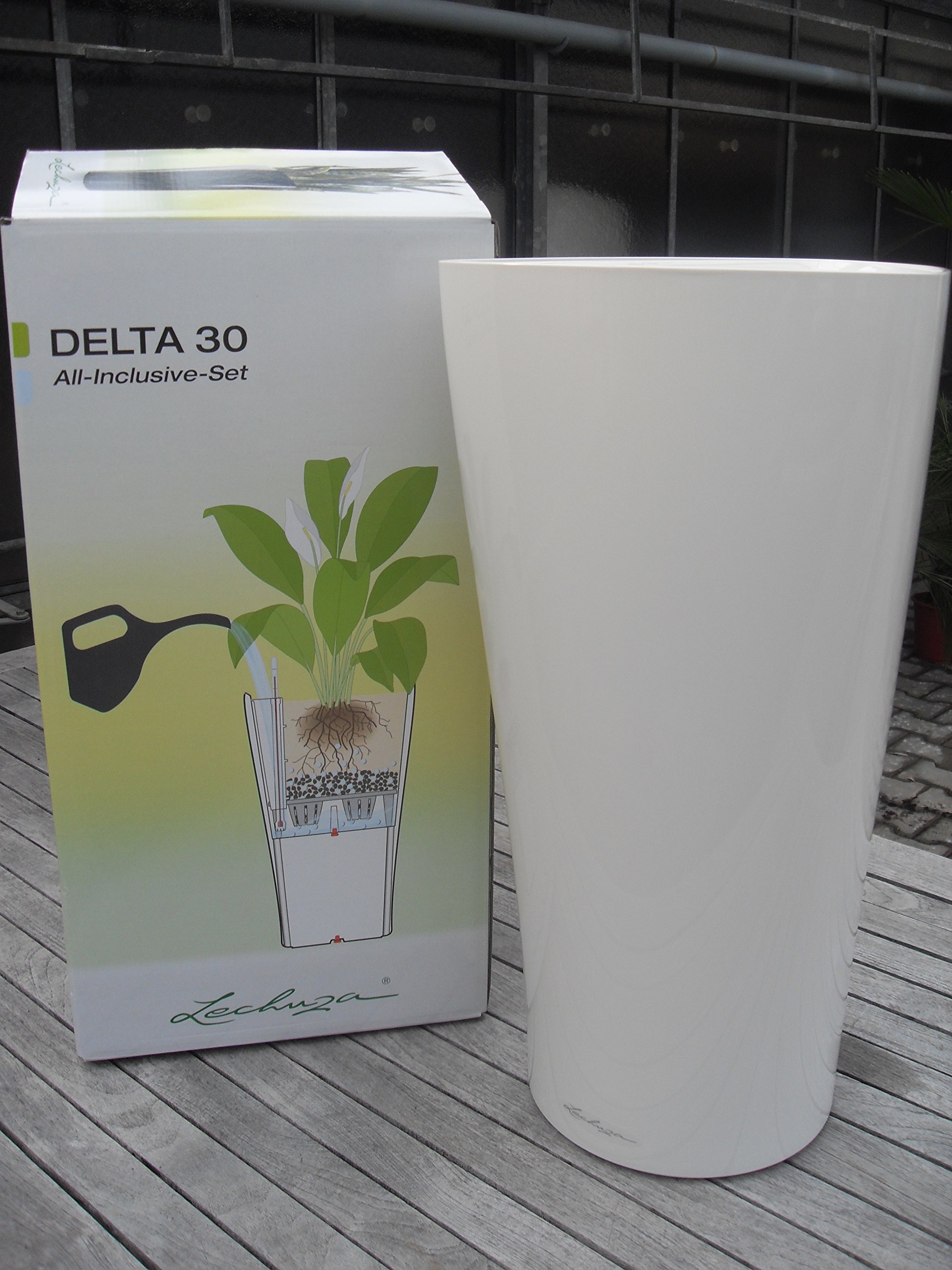 Lechuza Self Watering Plant Pot DELTA 30 Garden Flower Indoor and Outdoor Tall Plastic Planter with Drainage Hole D30 H56 cm White High-Gloss โ image 1