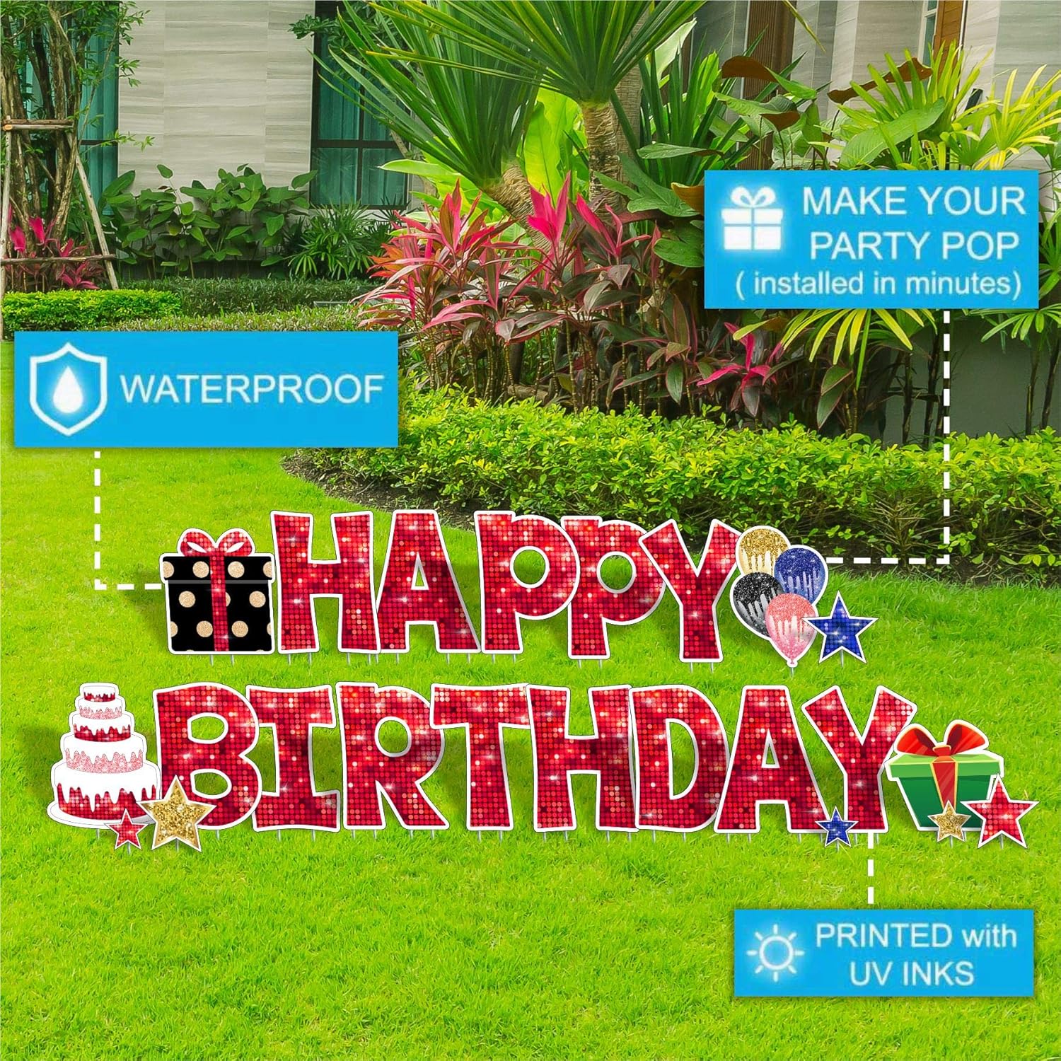 Happy Birthday Lawn Signs with Stakes- 15 Inch Birthday Yard Signs, 23Pcs Birthday Letters & Party Decor Signs Weatherproof Corrugated Plastic for Backyard Celebration and Outdoor Party Decorations : Garden & Outdoor