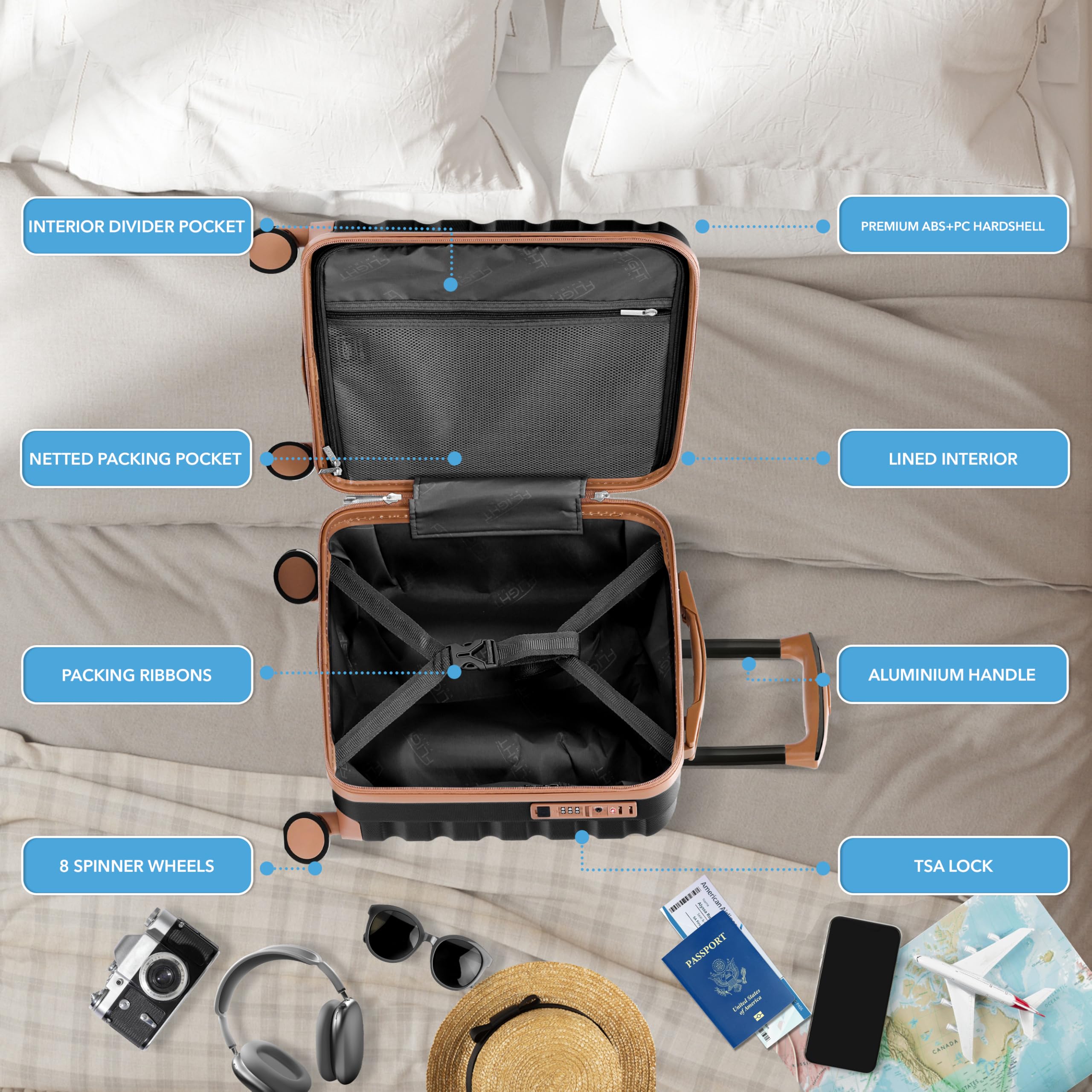 Carry On Suitcase Hardside Built In TSA Lock & USB Port Silent Double Spinner Wheels Maximum Underseat Carry-On Bag For American & United Approved Airlines( 18x14x8