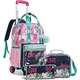 Egchescebo Girls Rolling Backpacks Kids Backpack with Wheels for School Bags Luggage 3PCS Canvas Love Backpack With Lunch Box Pencil Case Wheels Trolley Wheeled Backpacks for Girl‘s Travel Bags Pink
