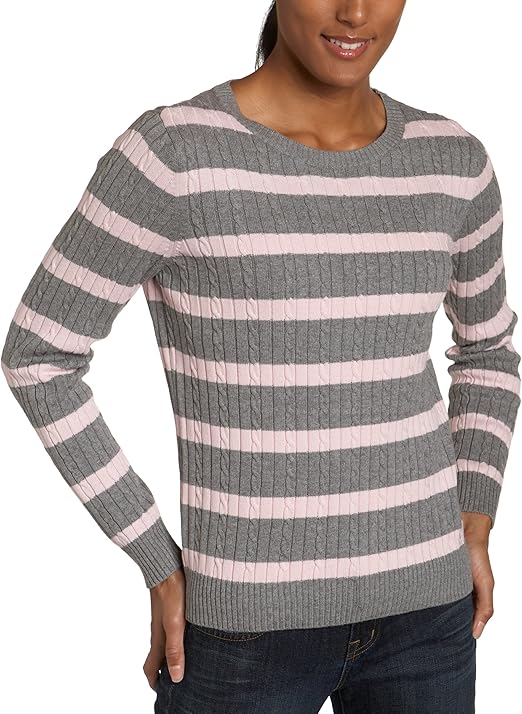 IZOD Women's Crew Neck Cable Striped Sweater, Carbon