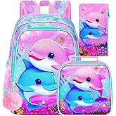 UFNDC 3PCS Dolphin Bookbag for Girls, 16" Kids Backpack with Lunch Box, Water Resistant School Bag for Elementary Preschool Toddler