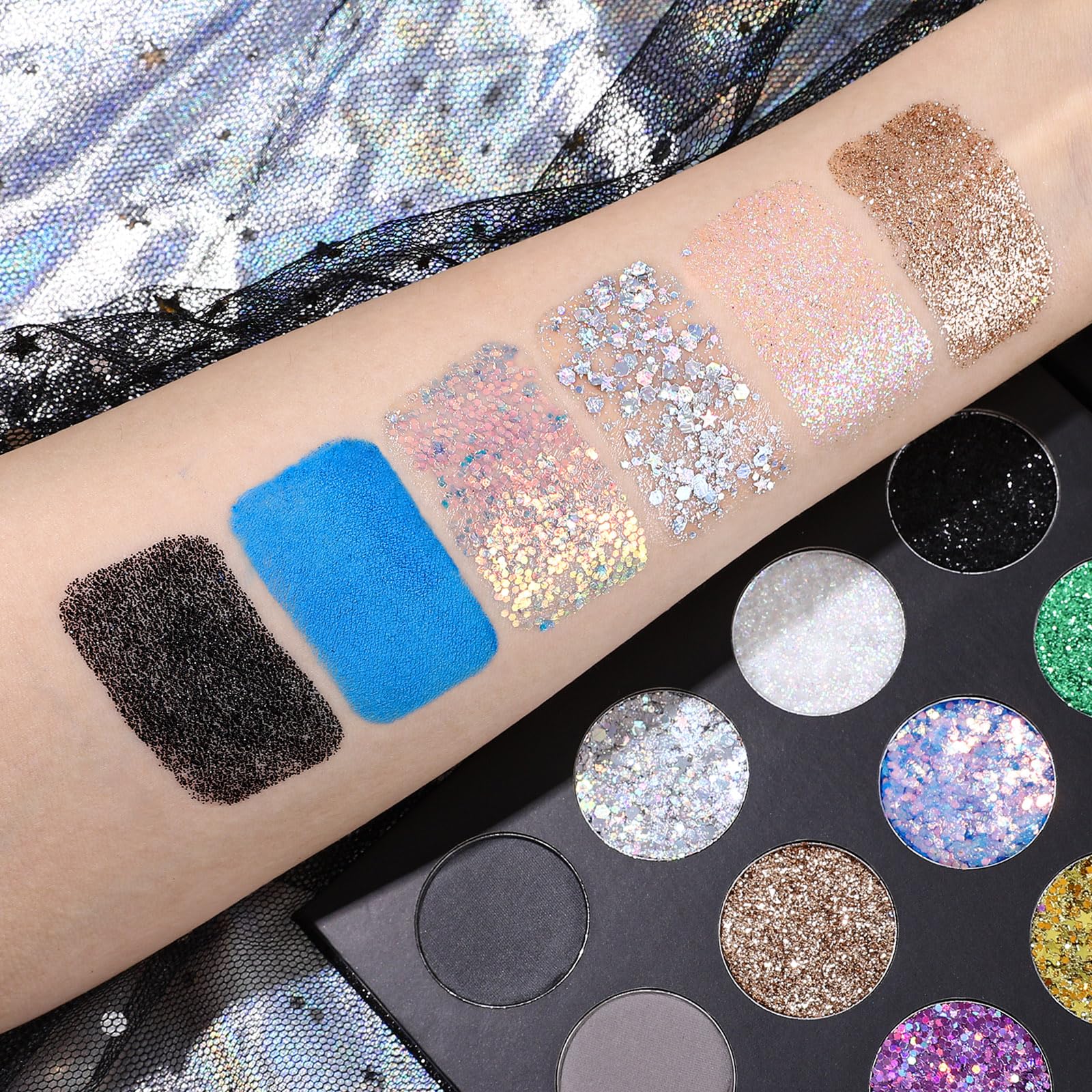 UCANBE Glitter Eyeshadow Makeup Palette - 12 Face Body Chunky & Fine Pressed Glitter + 4 Eye Shadow Powder Make Up Pallet for Theater Party Cosplay Halloween Christmas, Highly Pigmented Ultra Shimmer