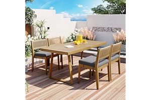 4-Person Outdoor Acacia Wood Dining Table Chairs Set with Thick Cushions, Patio Garden Balcony Furniture Set for Backyard, Co