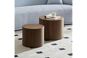 HAMORESPACE 19.17" Nesting Coffee Tables Set of 2, Modern Luxury Round Wooden Design with Storage,Fluted Natural Wood Veneer Accent Side Table End Table for Living Room Apartment (Walnut, 19.17'')